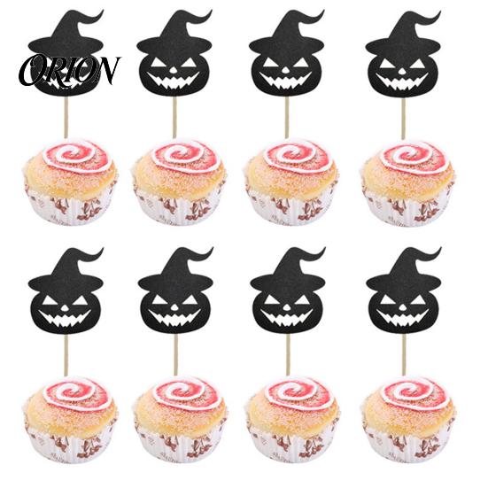 Halloween Cake Topper 8 Pcs Cupcake Toppers, Black Glitter Witch Hat Pumpkin Safe Food Contact Decoration Picks for Party Supplies, Birthday