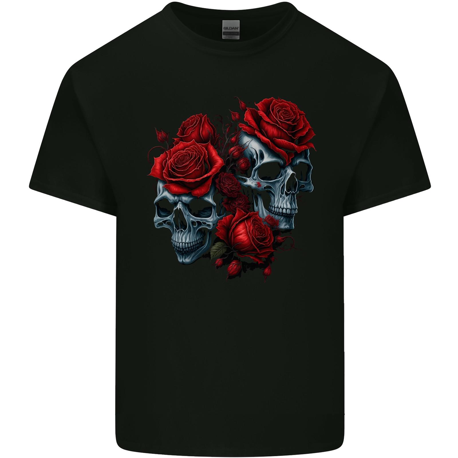 Two Skulls With Roses Gothic Goth Mens Cotton T-Shirt Tee Top XXL