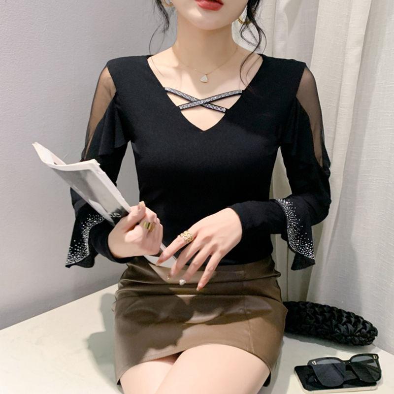 Spring Autumn Streetwear Girl Ruffled Hot Diamonds T-Shirt Fashion Sexy V-Neck Mesh Tops Women's Fare Long Sleeved Tees