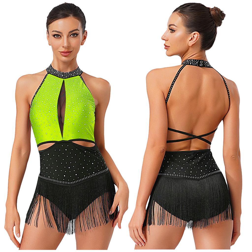 S-XXL Women's Competition Leotard: Allover Rhinestone Backless Bodysuit with Tassel Skirt & Contrast Color for Chacha Rumba Dance
