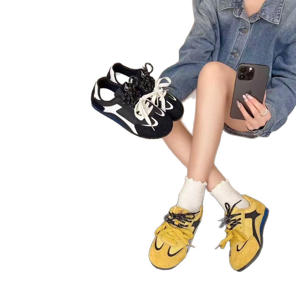 Dopamine color matching German training shoes 2025 autumn cow anti-suede mesh splicing flat-bottomed soft leather sports and leisure single shoes wom