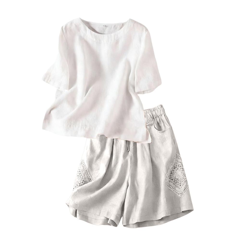 Women's Short Sleeve Crop Shirt Wide Leg Cotton Linen Shorts Set Lightweight Breathable Casual Summer Two Piece Outfit
