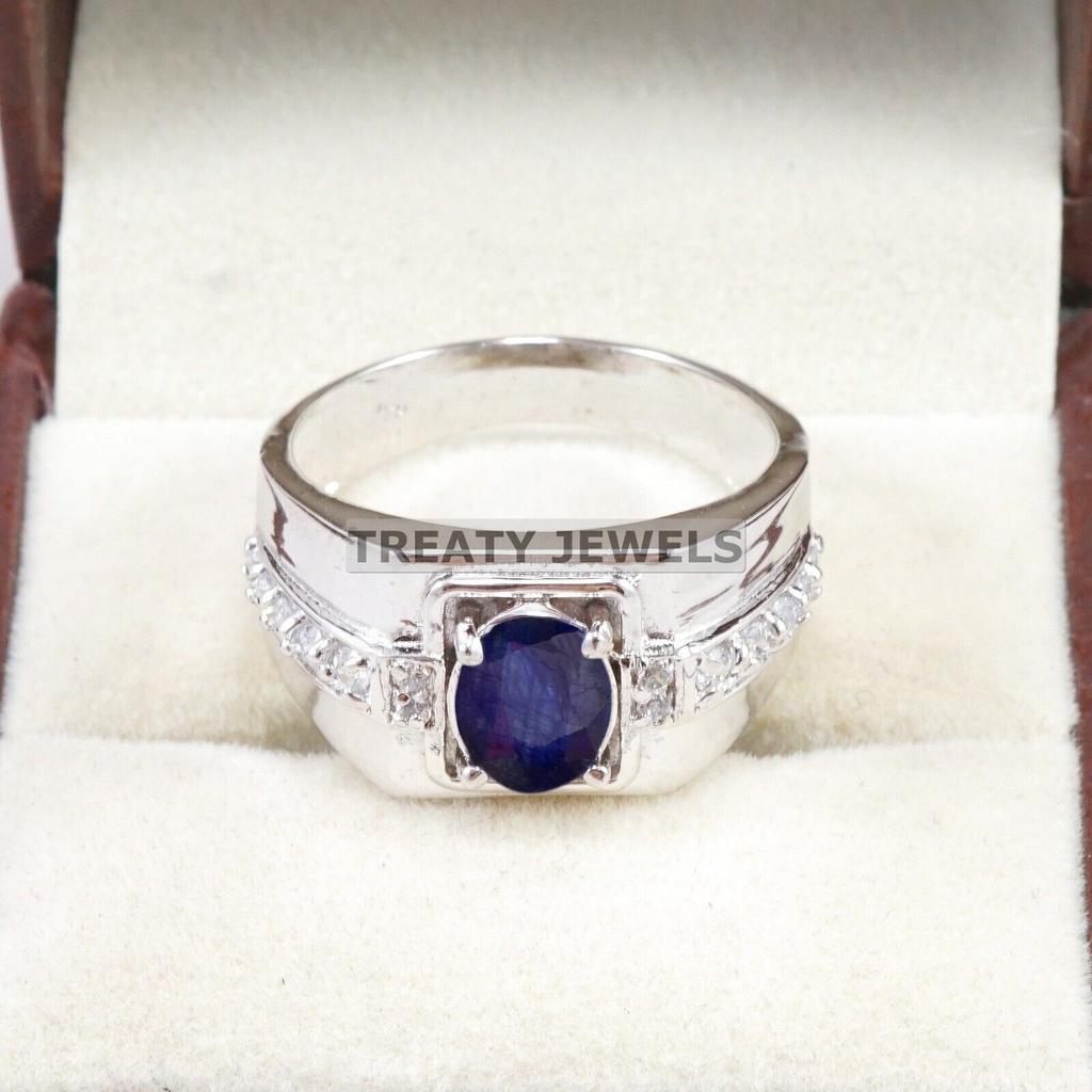 Blue Sapphire Oval Cut Gemstone With 925 Sterling Silver Ring For Men's #B607 JL375686497695