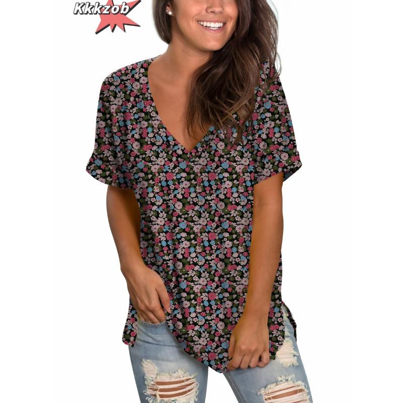 

Женские футболки с V-образным вырезом, модный цветочный узор, повседневная футболка с коротким рукавом, летние топы, свободная женская одежда 5XL