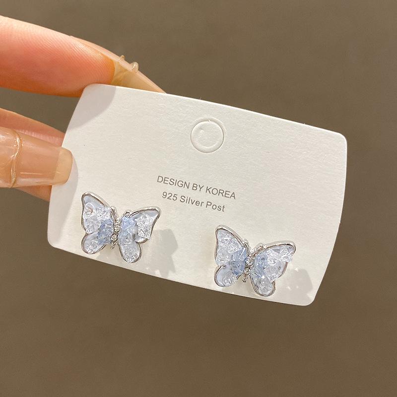 Silver needle gradual change blue butterfly stud earrings women's small exquisite high-end earrings light luxury temperament earrings