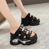 Fashion European Rhinestone Buckle Thick Bottom Higher Slope Heel Sponge Cake Casual Women's Summer New High Heel Sandals Slippers