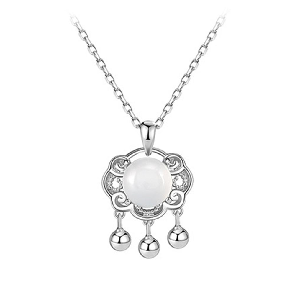 925 Sterling Silver Fashion Classic Auspicious Cloud Bell White Jade Safety Lock Pendant Necklace Birthday Anniversary Gift