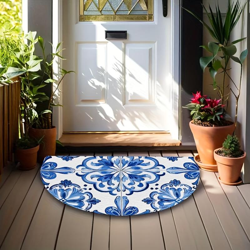 1Pcs Portuguese Blue White Semi Circle Welcome Doormat Non-Slip for Outdoor Patio Porch Kitchen Bathroom Entryway Floor Mat