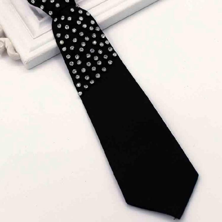 Rhinestones Embellished Necktie for Women Men Student Elegant Pre Tied Adjustable Black Ties for Uniform School Shirt