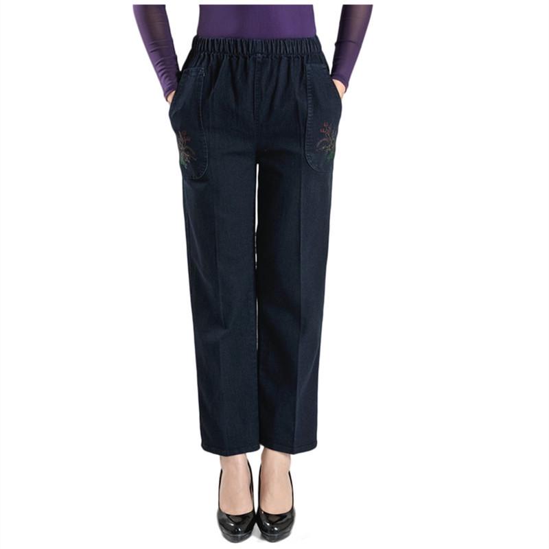 Middle-aged and Elderly Jeans Spring Straight High Waist Elastic Loose Jeans Women