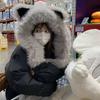 Fox ears hat scarf integrated female winter fluffy face small ear protector thickened cold and warm Lei Feng hat