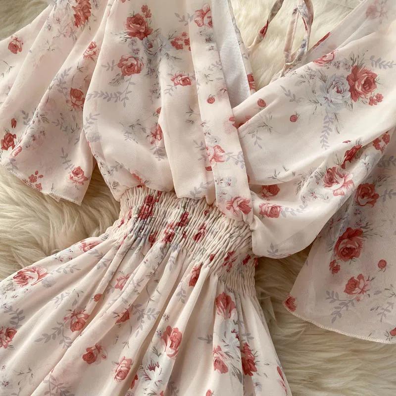 Ladies Beach Vacation Dress Summer Sexy V-Neck Waist Long Chiffon Floral Beach Dresses