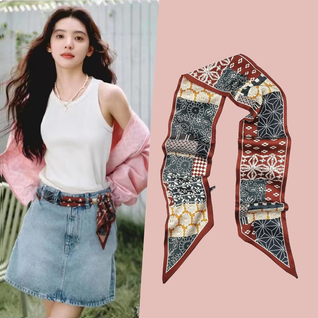 Korean Version of Rabbit Long Silk Scarf Streamer Women's Spring and Autumn New Scarf Double-layer Double-sided Decorative Scarf Handle Tied Bag