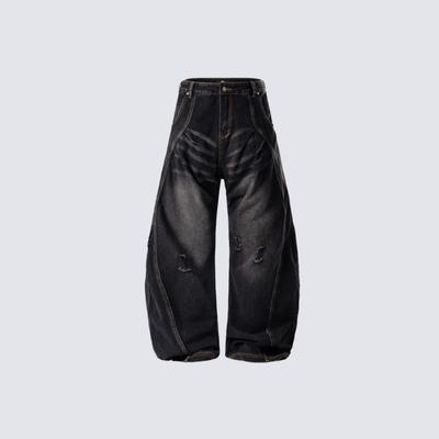Retro Embroidered Curved Knife Denim Pants Water Washed Distressed Wide Leg Jeans Men Women
