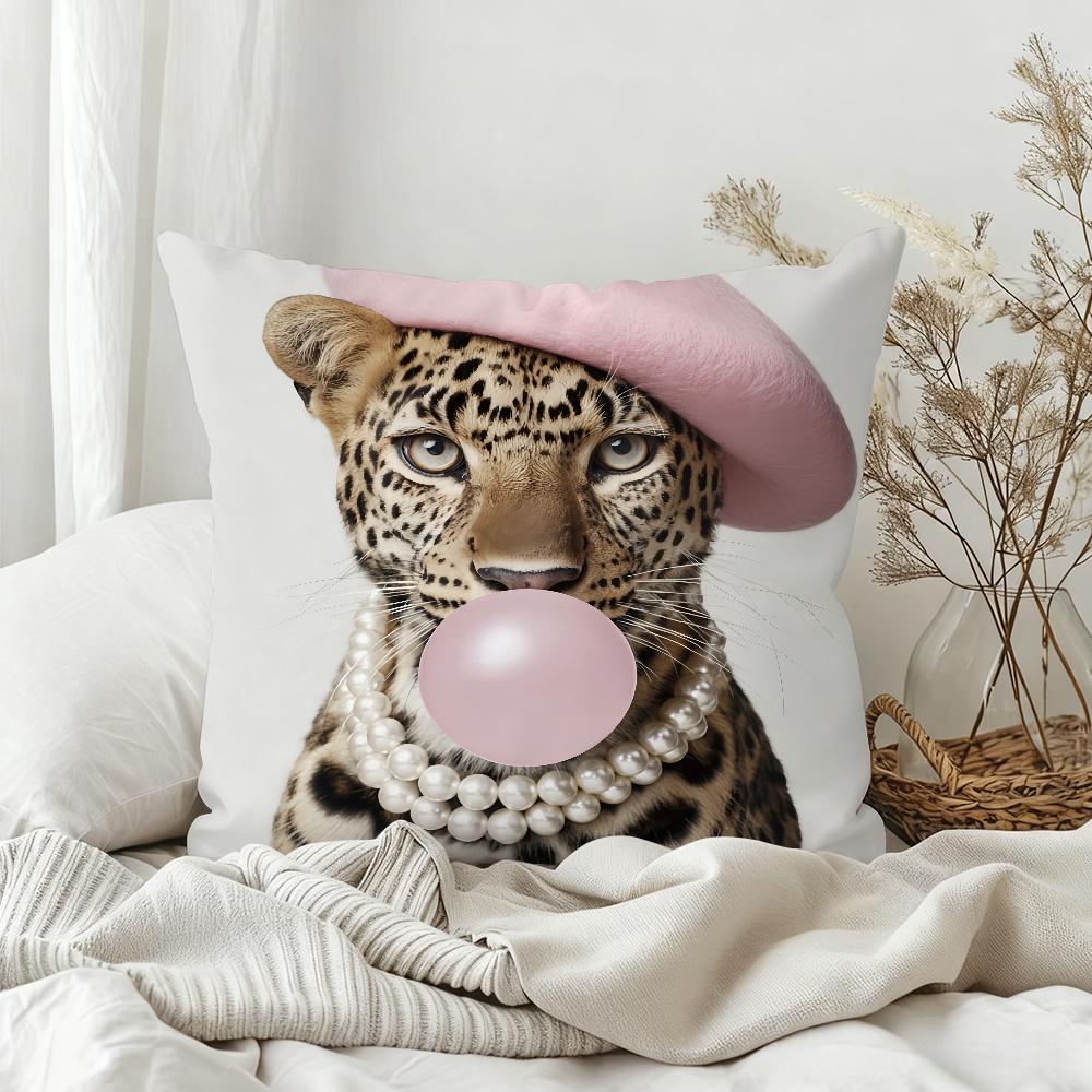 Trendy Pink Retro Leopard Girl Pillow Case Sofa Living Room Bedroom Headboard Backrest Square Cushion Nap Time