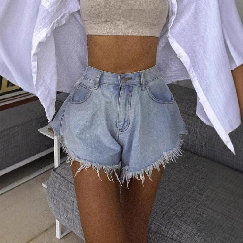 2026 Verano Nuevos Pantalones Vaqueros Casuales Elásticos en la Cintura con Borde Deshilachado, Pantalones Cortos de Mezclilla de Corte A