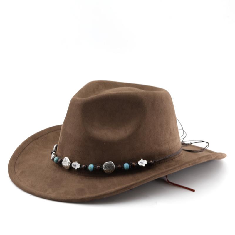 Solid color suede fedora hat, ethnic style belt, western cowboy hat, curled brim retro equestrian hat, wool felt hat