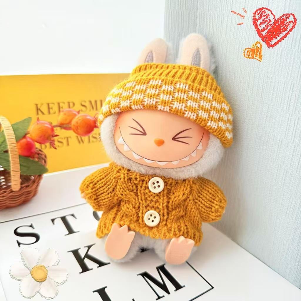 15-17cm Labubu Clothes Outfit Set for V1 V2 Cute Sitting Party Doll Sweater Hat Bag Accessories for Mini Plush Dolls Decoration
