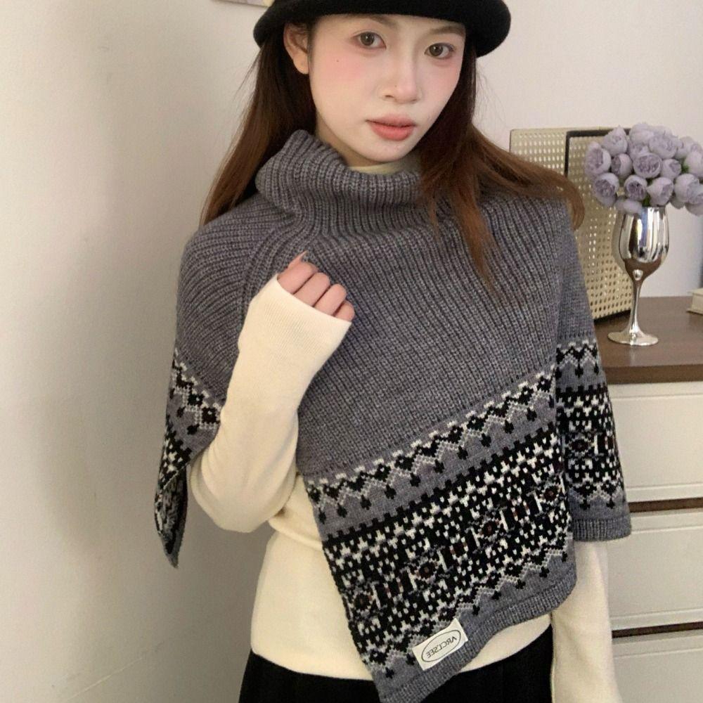 Pullover Fair Isle Style Knitted Shawl Thicken Neck Wraps Simple Jacquard Scarf  Women