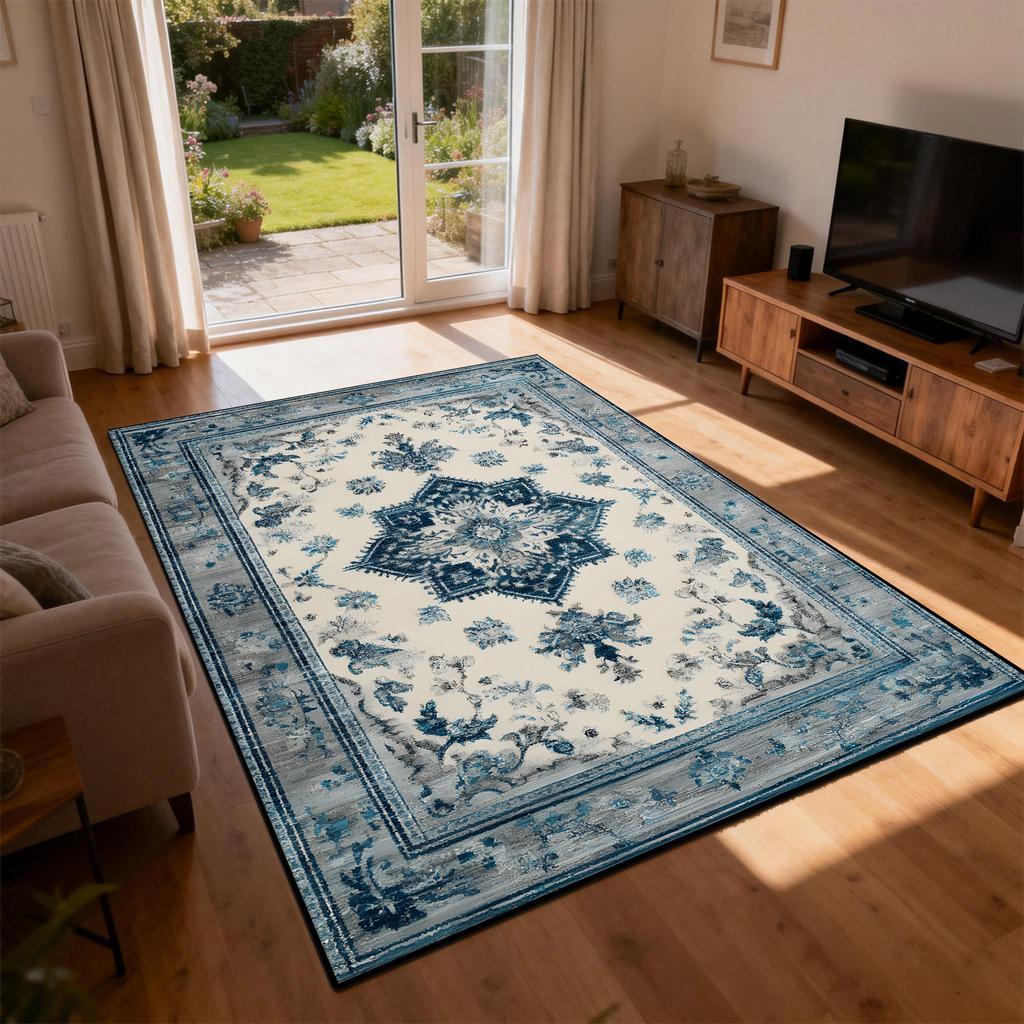 Persian Blue White Carpet Ethnic Style Living Room Decoration Sofa Rug Short Velvet Easy Clean Bedroom Parlor Floor Mat Non-slip