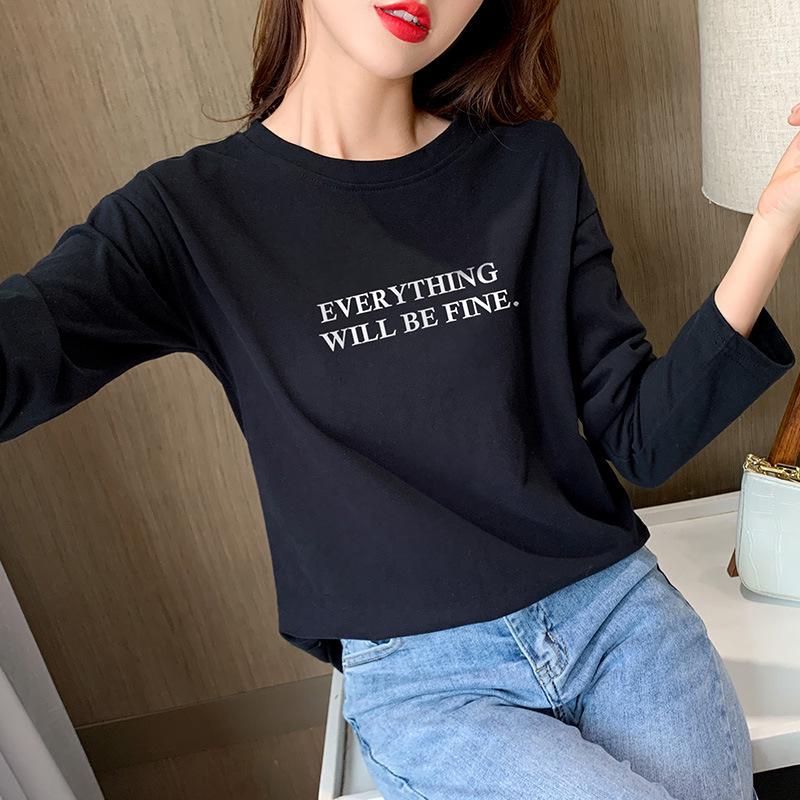 T-shirt ample à manches longues en pur coton pour femme - Nouveau pour Printemps/Automne 2024, Design amincissant couvrant le ventre
