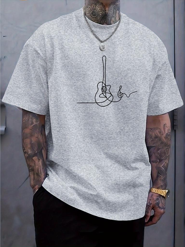 One Line Guitar Music Note Simple Print Unisexs Crew Neck Short Sleeve Casual Basic Summer Daily Soft Comfort Fit Wear Tee Shirt