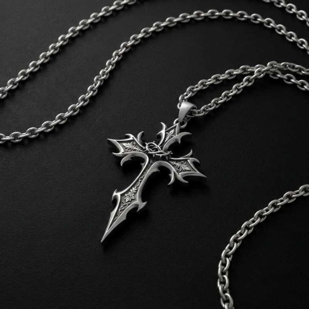 Personality Hip-Hop Thorn Rose Pattern Spiked Carved Cross Pendant Necklace for Women Gothic Comic Halloween Party Jewelry Gifts