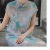 Johnature Women Chinese Style Dress Stand Short Sleeve Print Floral Summer A-Line Vintage Button Dress
