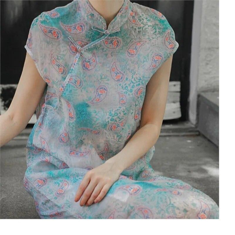 Johnature Women Chinese Style Dress Stand Short Sleeve Print Floral Summer A-Line Vintage Button Dress