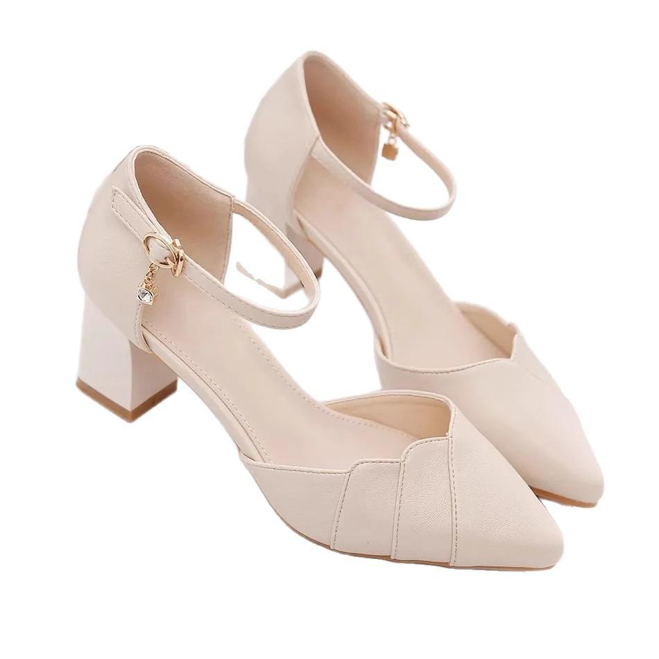 2025 Pointed Soft Leather Sandals Women's Summer New Bag Head One-word Buckle High Heels Hollow Single Shoes Women