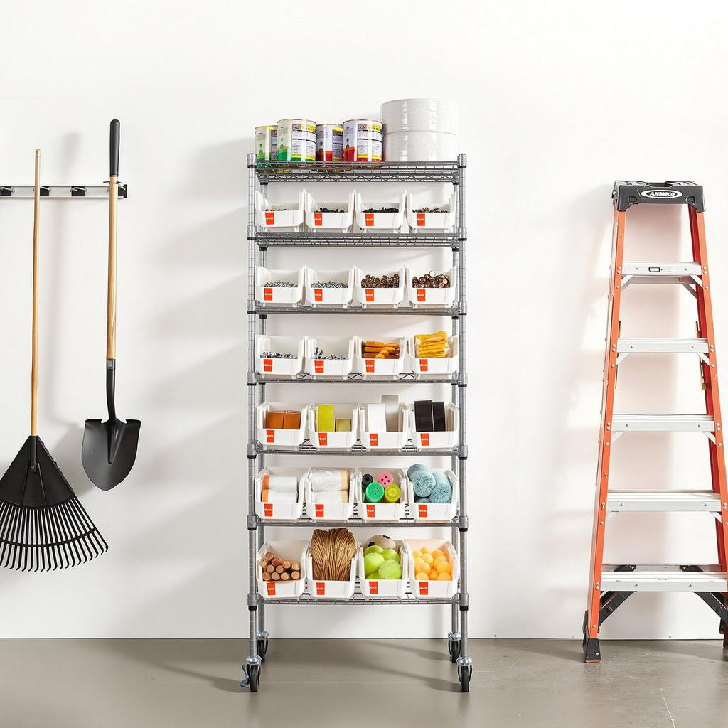 7-Tier Rolling Bin Storage Rack, 24 Small Bins, Bin Rack Storage Steel Wire Shelving System with Wheels, Mobile Tool Organizer for Garage, Warehouse,