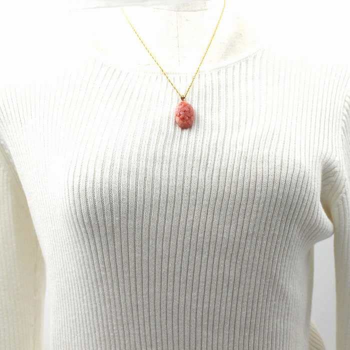 Deep Sea Coral Pendant with Cherry Blossom Carving Gift Wrapping 18K Gold 25x15cm Pink 45cm Chain Included 18K Gold Chain (Free Available) Hardware,