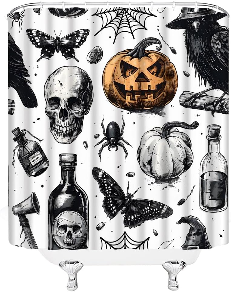 Gothic Skull Pumpkin Shower Curtain Halloween Spider Crow Butterfly Scary Magic Potion Black and White Festival Decorate
