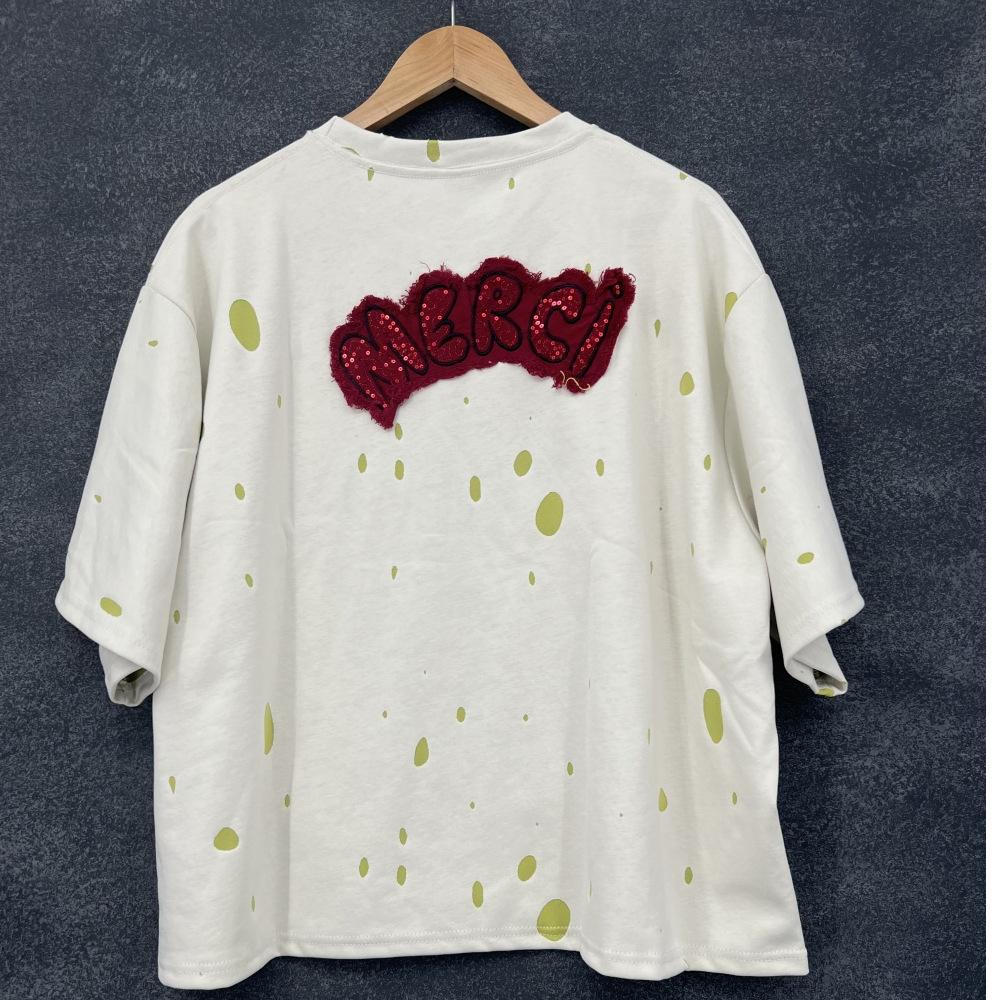 Oversized Cartoon Embroidered Short-sleeved T-shirt for Women's Summer Casual Loose Half-sleeved Top with Holes