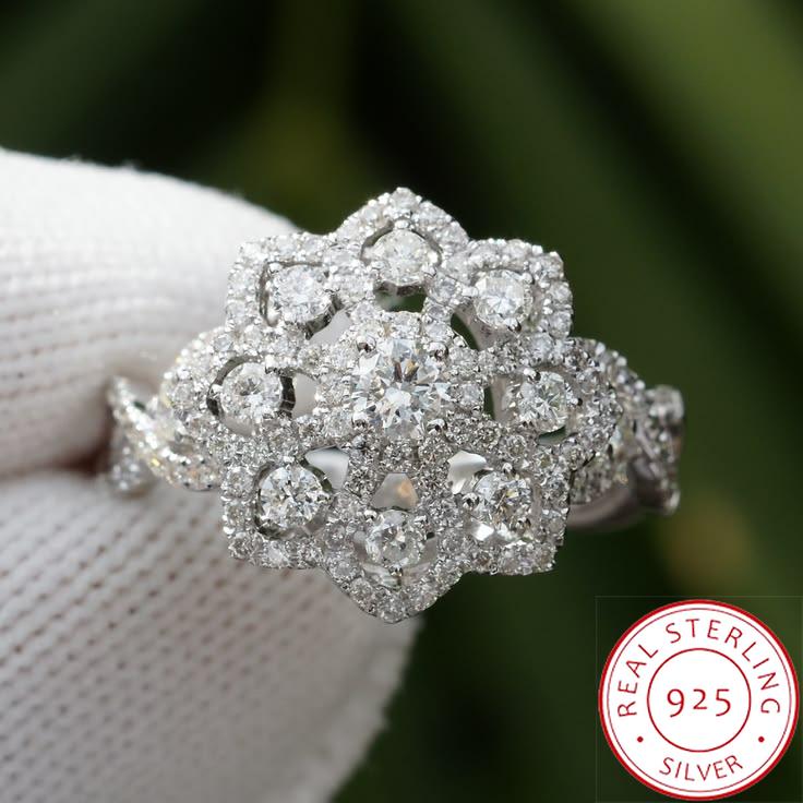 

2026 New Flower Shaped Cubic Zirconia Ring for Women, 925 Silver Plated, Sparkling Hollow Luxury Engagement Wedding Jewelry Gift 6