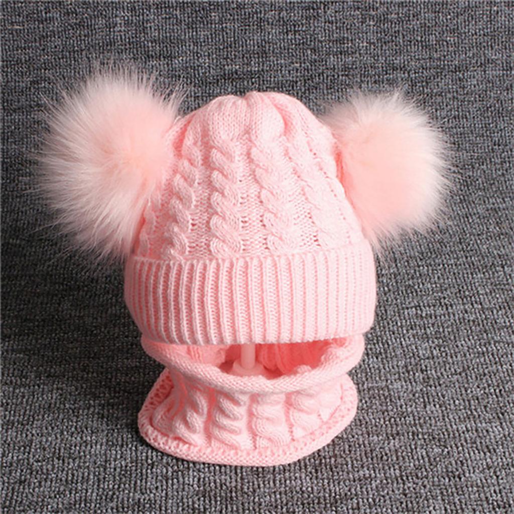 Children Beanie Pompom Neck Knitted Warm Hat Winter Scarf Set