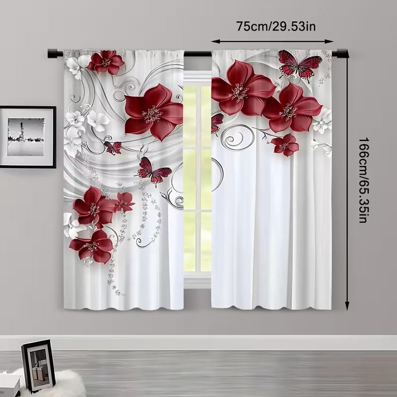 Burgundy Flower Butterfly Curtains Print Drapes Luxury Home Decor Bedroom Living Room Elegant Sheer Made Of Polyester Great Window Treatment
