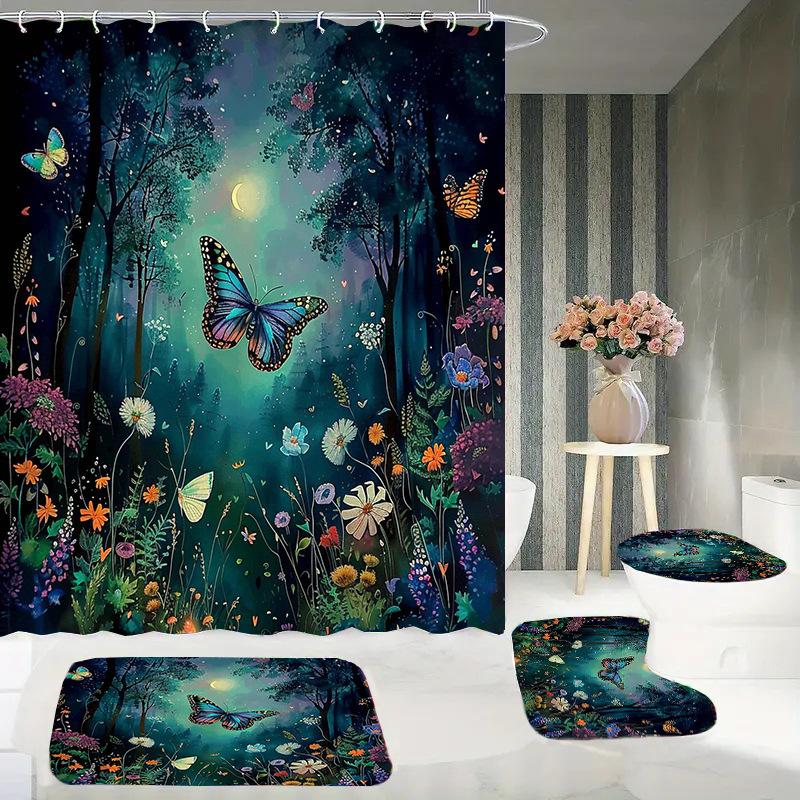 Butterfly Trees, Flowers And Plants, Digital Printing, Shower Curtain, Bathroom Four-Piece Set With Hooks