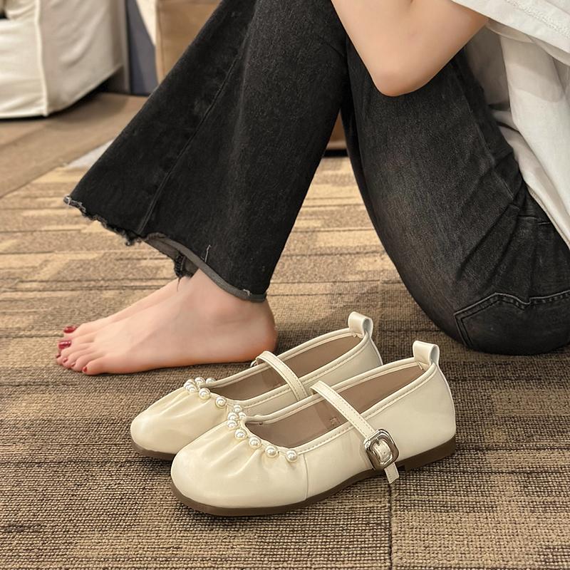 2024 Autumn Women's Flat Shoes Fashionable Pleated Round Toe Shallow Mouth Slip-on Pearl Ballet Shoes Flat Heel Mary Jane Shoes
