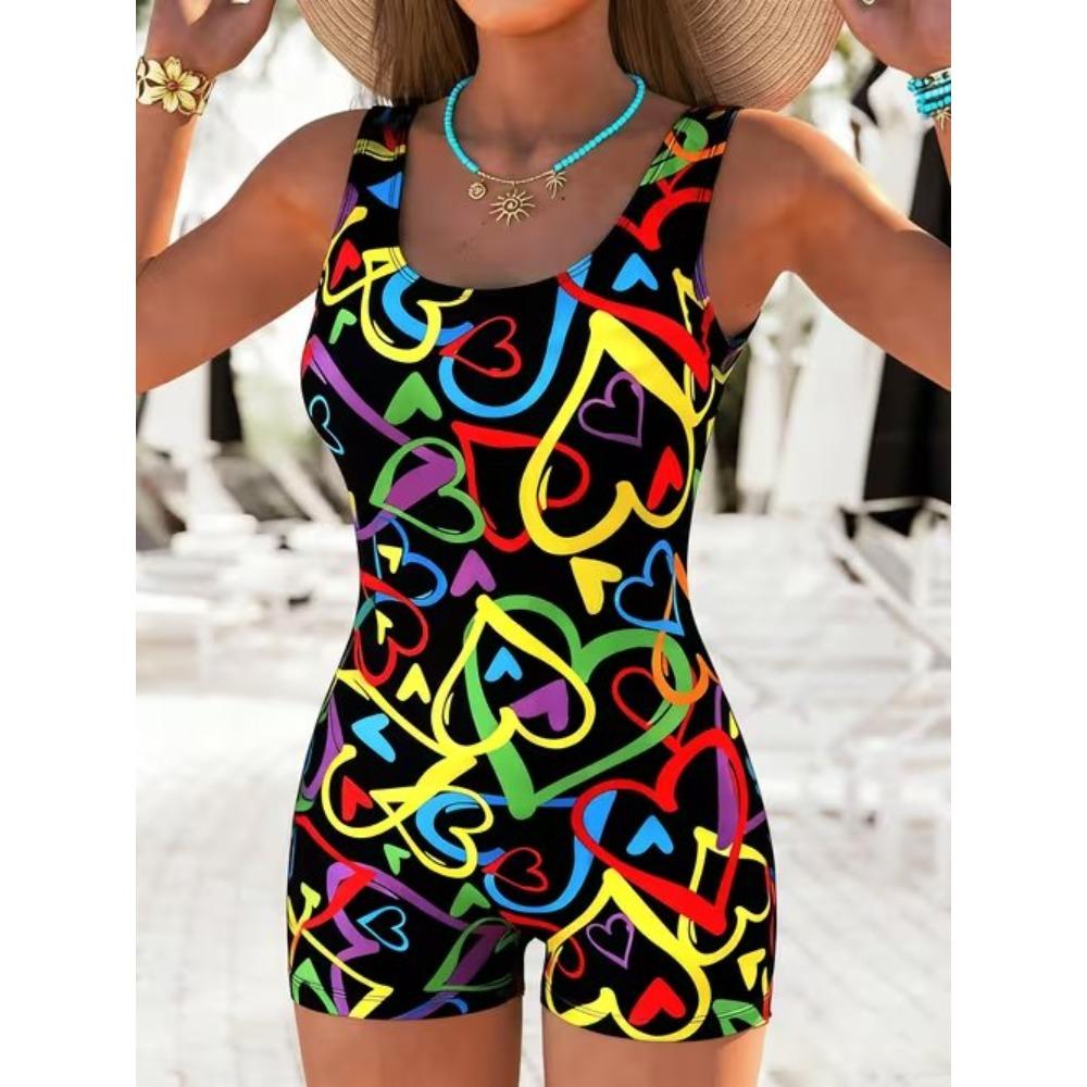 Summer Beach Pool Wear Geometric Pattern Printed One Piece Boy Short Swimsuit Women Athletic Slim Fit Bathing Suit