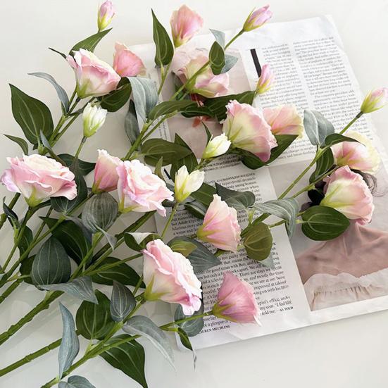 3 Heads Artificial Flower Bouquet Faux Silk Eustoma Lisianthus Flower with Long Stem Fake Floral Arrangement for DIY Wedding Bouquet