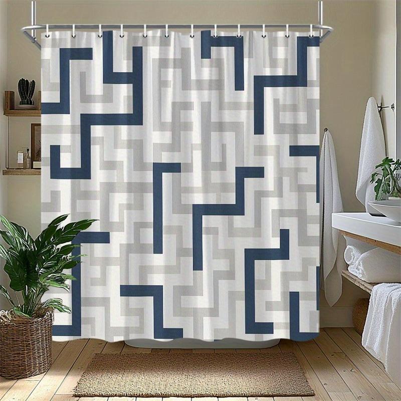 1pc Blue-grey geometric patterned shower curtain, polyester fabric, with hooks, machine washable, suitable for bathroom decor.