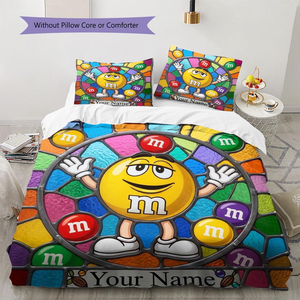 M&M's Bettwäsche mit individuellem Namensmuster, Steppbett-Set, Bettbezug, Kissenbezug, Heim-Geburtstagsgeschenk(1 Bettbezug + 2 Kissenbezüge, ohne Füllung)
