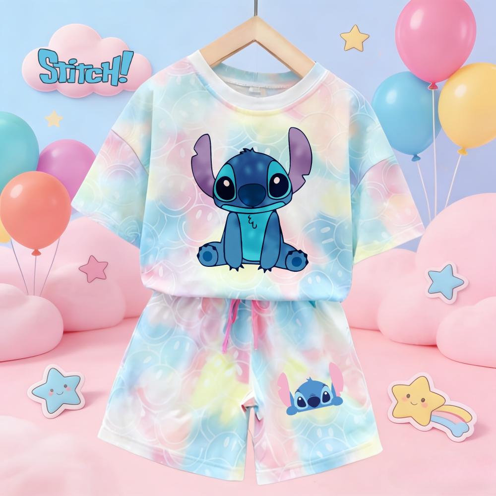 Cute Stitch Print Tie-dye Smile Tees Girl Summer pajamas Kawaii Smile Face Short Sleeve Outfits Short Sleeve T-Shirt and Shorts