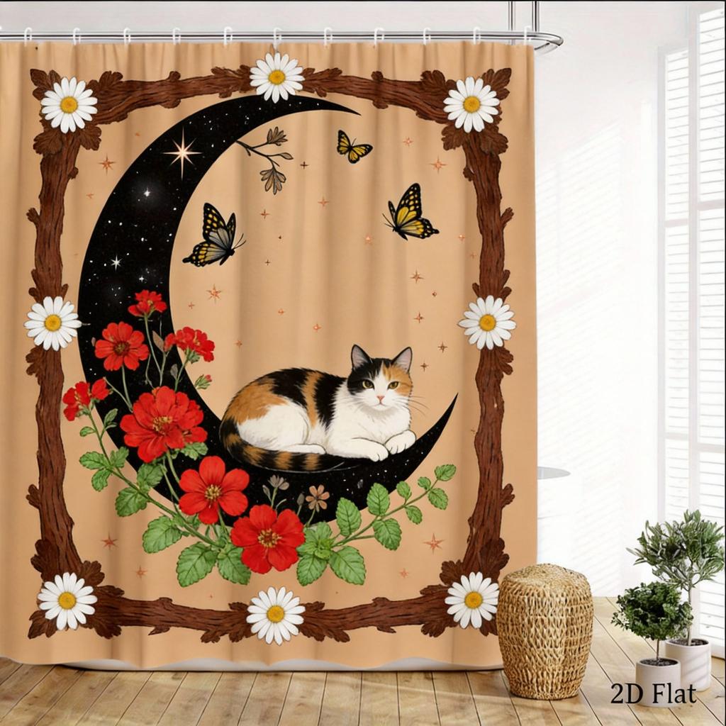 Mystical Cat Shower Curtain 180x180cm Crescent Moon with Black Cat, Floral Butterfly Night Design, Boho Bathroom Decor, 12 Hooks