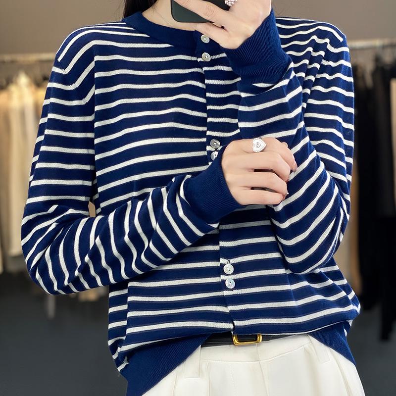 Round-neck Striped Knit Cardigan Summer New Spring Striped Color-blocked Wool Knit Cardigan Women's Jacket Top