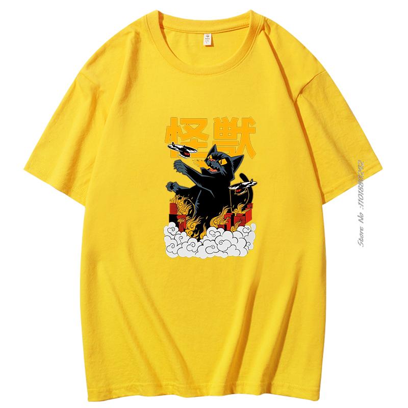 Funny Catzilla Japan Cat Lover T Shirt For Men Cotton Short Sleeve Tshirt Summer Hombre Oversized Tee Shirt Mens Clothes