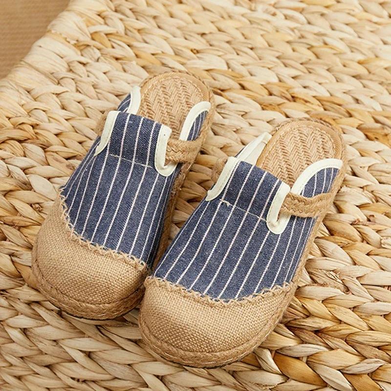 Fashion 2025 Women Casual Linen Handmade Embroidery Mules Flat Slippers Retro Vegan Summer Ladies Canvas Comfortable Espadrille Shoes