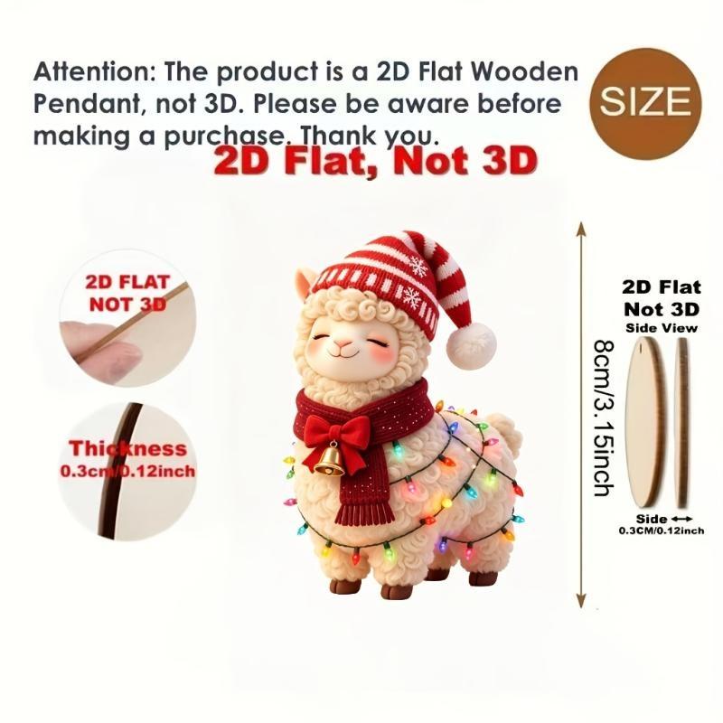 8Pcs 2D Flat Christmas Alpaca Hanging Ornaments With Cute Festive Outfits Colorful String Lights For Christmas Tree Holiday
