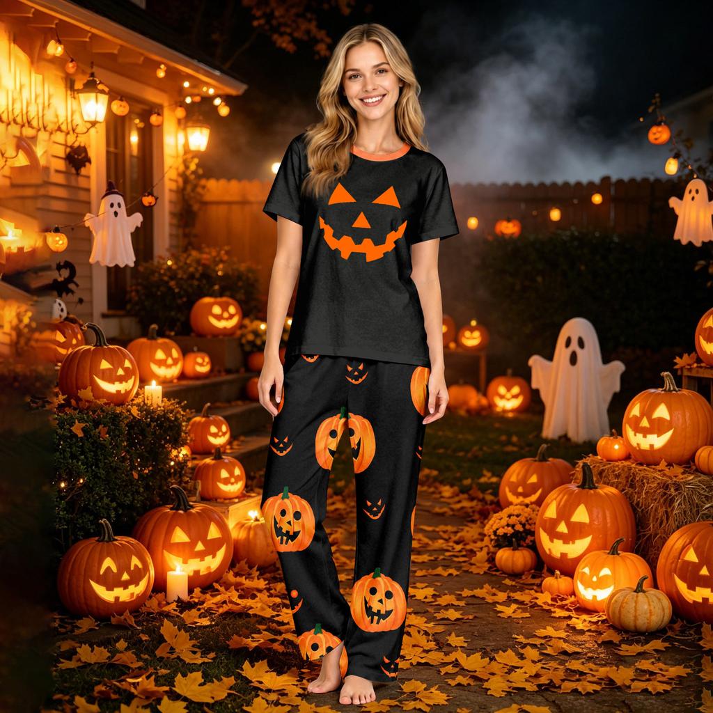 Family Matching Halloween Printed Loungewear Set Short Sleeve Top and Pants for Couples and Kids